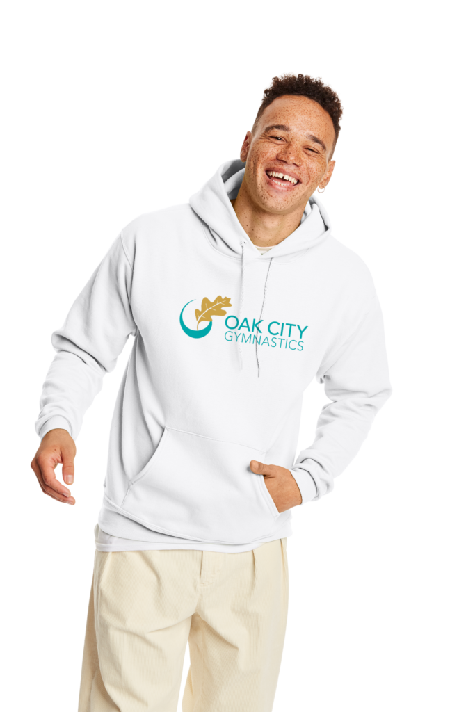 White hoodie with logo on chest