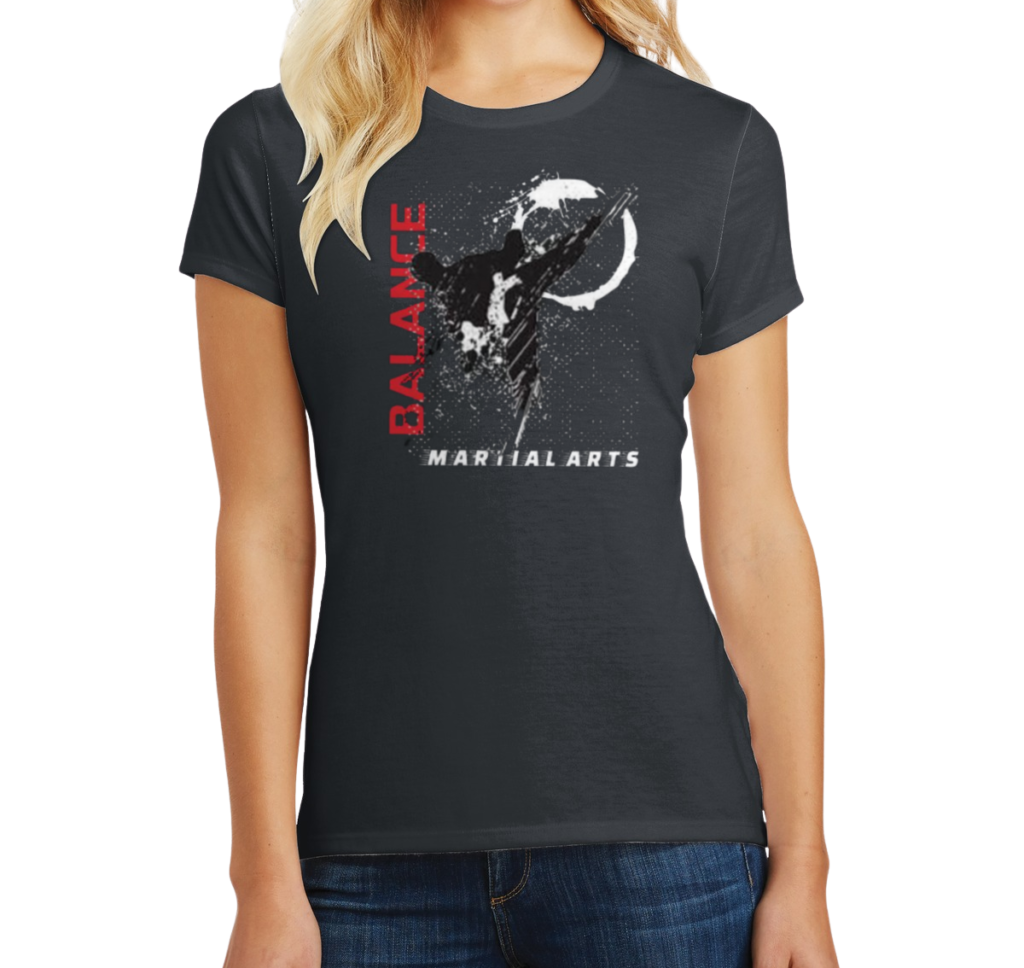 Charcoal-colored Women's tee with BMA deconstructed logo
