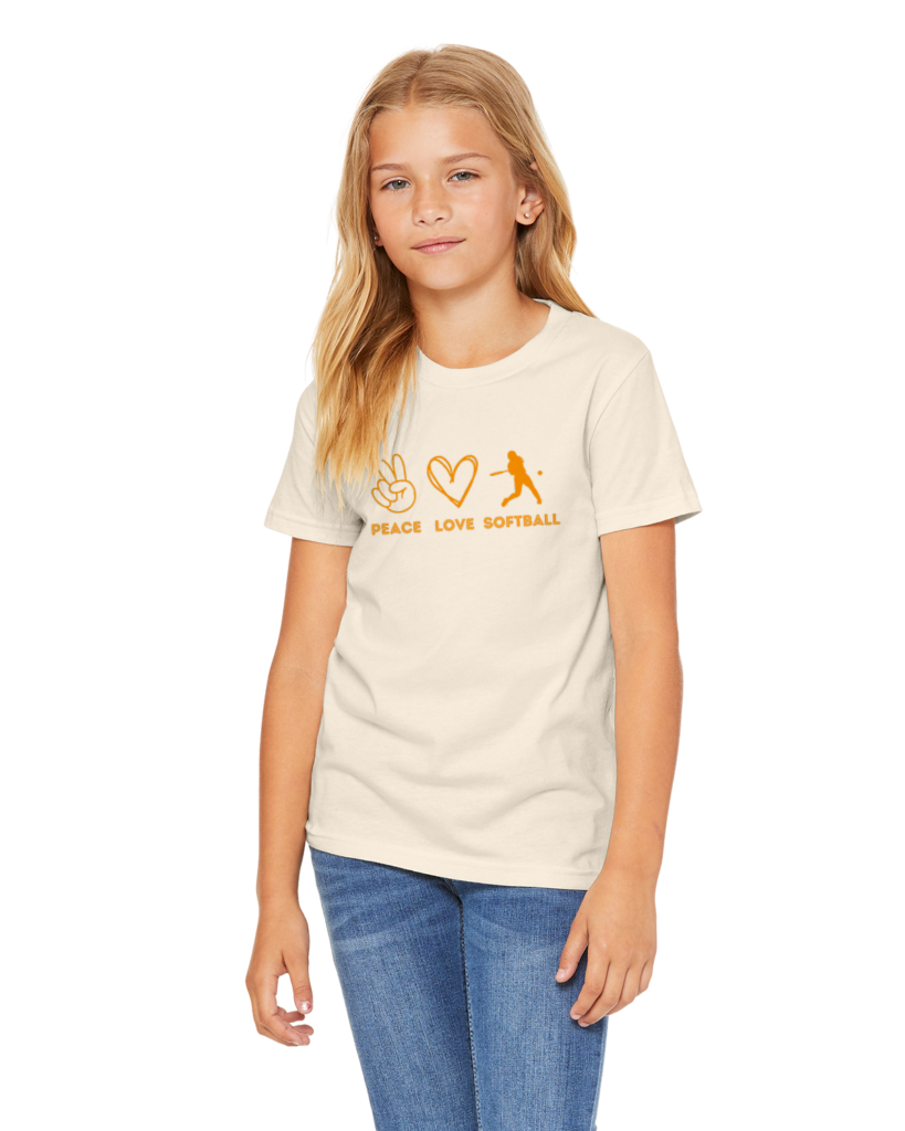 beige shirt with peace love baseball