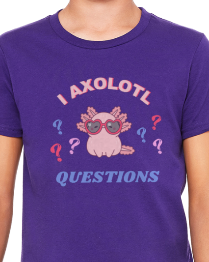 purple tee with I axolotl questions design
