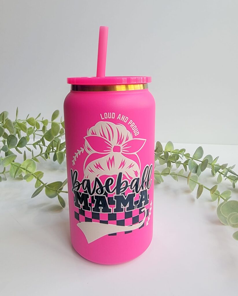 pink stainless steel can with straw and baseball mama design