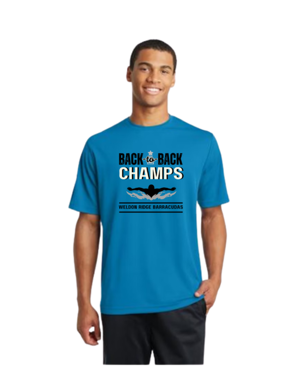 bright blue racermesh shirt with back2back champs design
