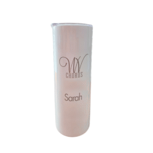 tall skinny white tumbler laser-engraved with logo and name