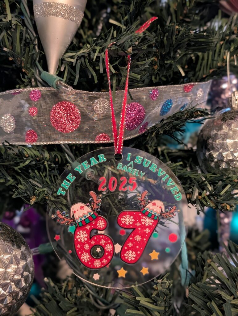 Acrylic 3.5" circle ornament I barely survived 6-7